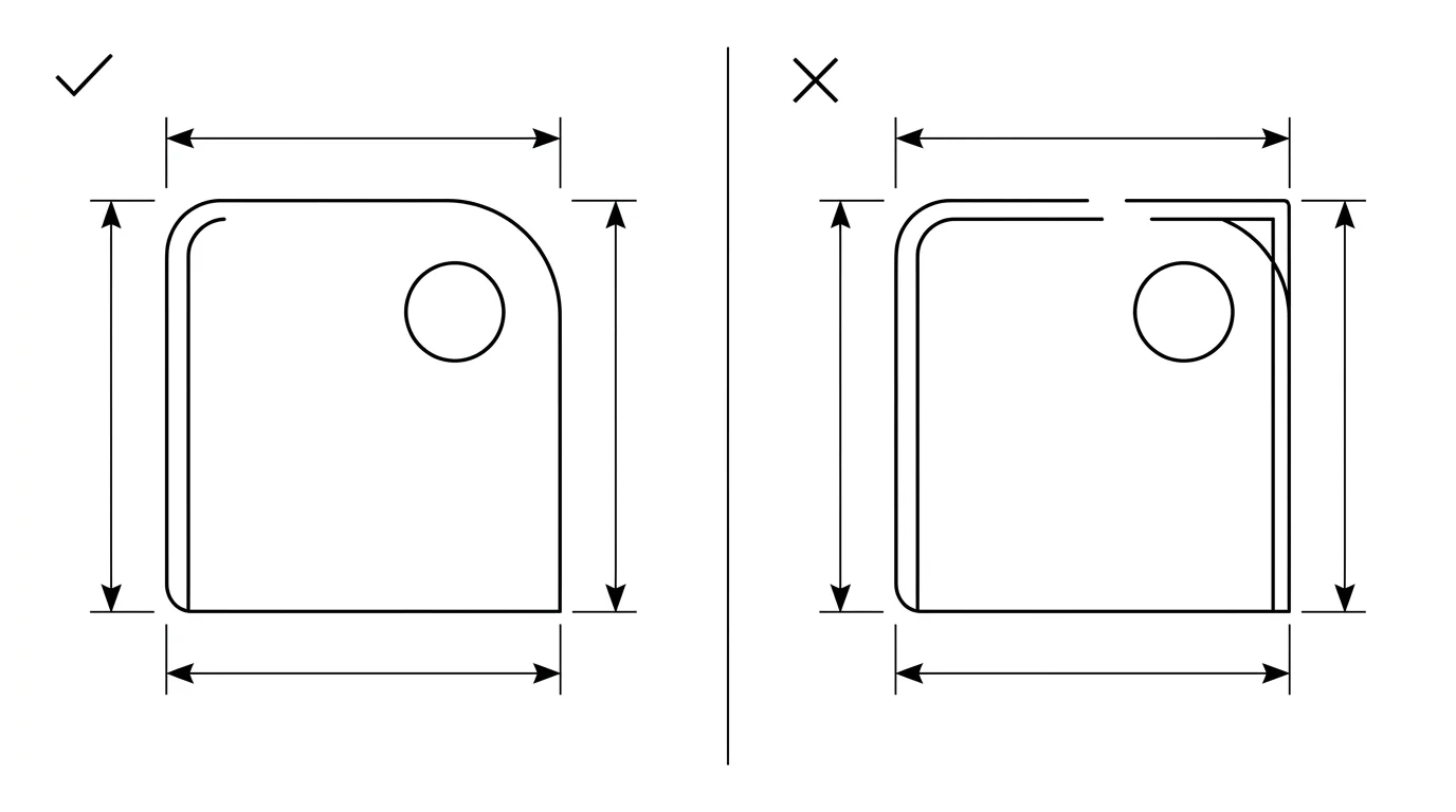 Two flat-bracket outlines side by side: on the left a clean closed contour with a closed interior hole, on the right the same shape with a visible gap in the outline and an overlapping doubled edge marked as faults