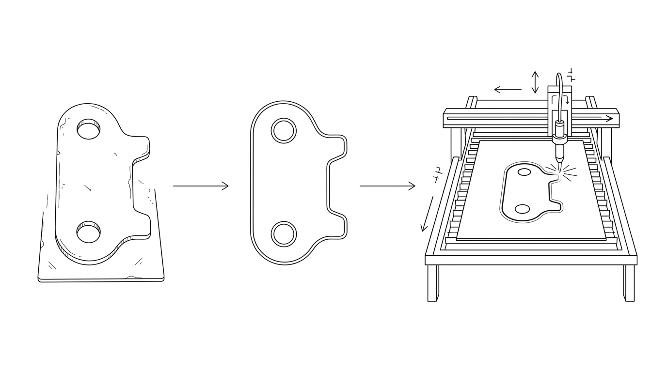 A flat steel bracket as a closed outline DXF feeding a CNC plasma table cutting head, the path a plasma cutter follows from a photo to a finished cut