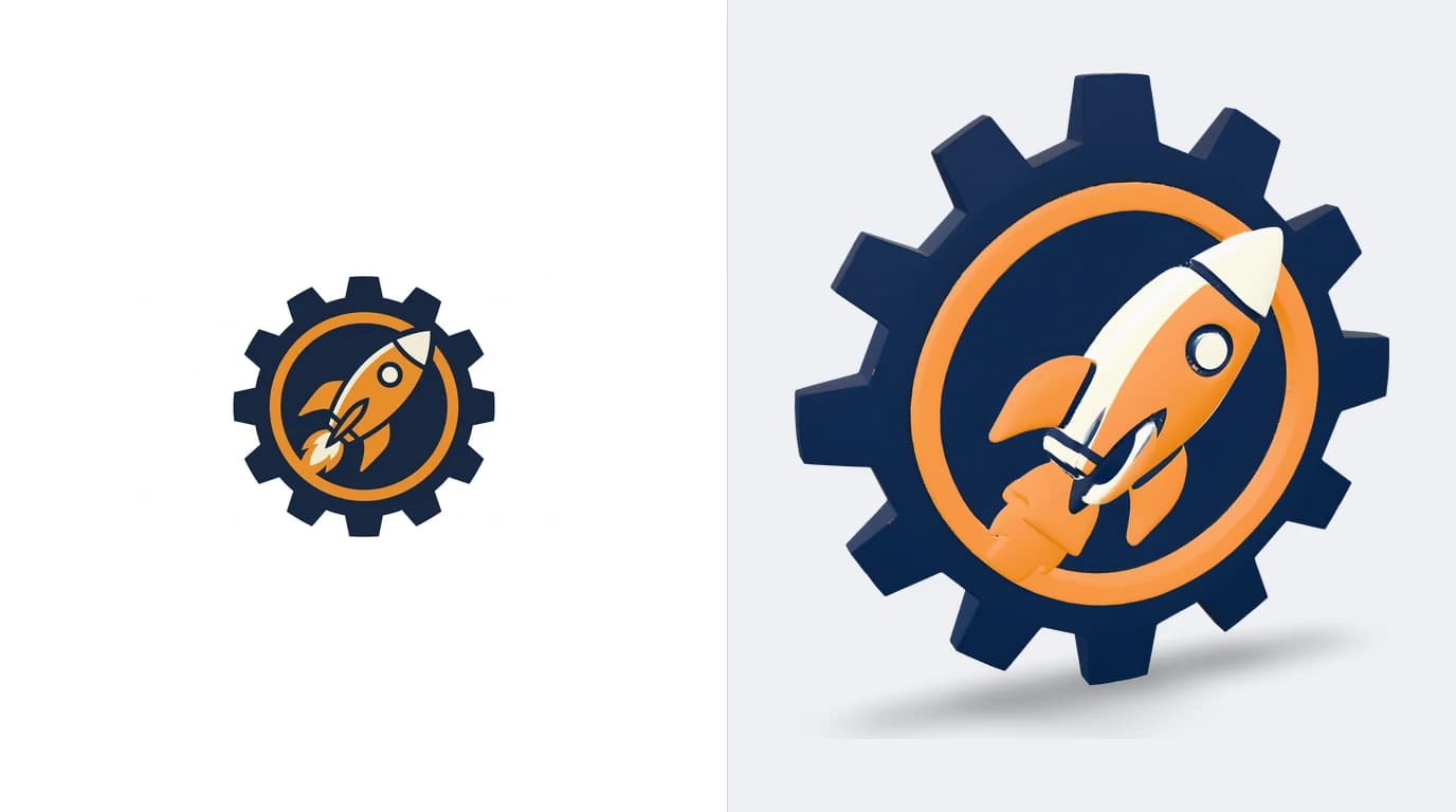 A flat PNG emblem of a rocket inside a gear ring on the left and the same graphic reconstructed by AI as a shaded 3D model ready to export as STL on the right