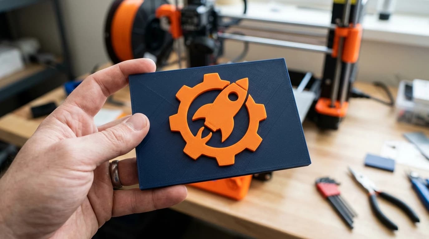 A hand holding a two-colour 3D printed plaque with a raised orange rocket and gear emblem on a navy base, a 3D printer blurred in the background
