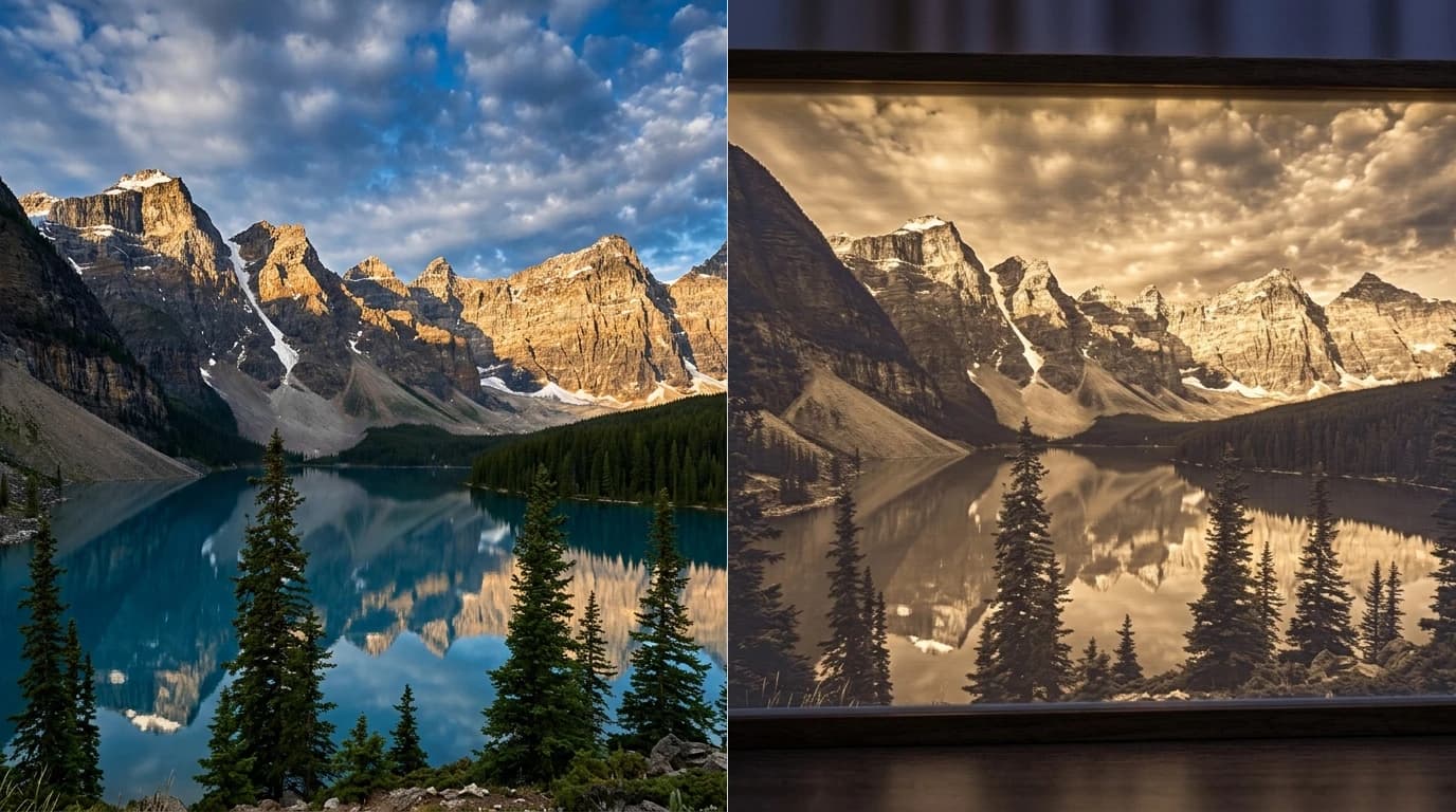 A colour landscape photo of a mountain lake on the left and the same scene as a backlit white 3D printed lithophane panel glowing in a dim room on the right