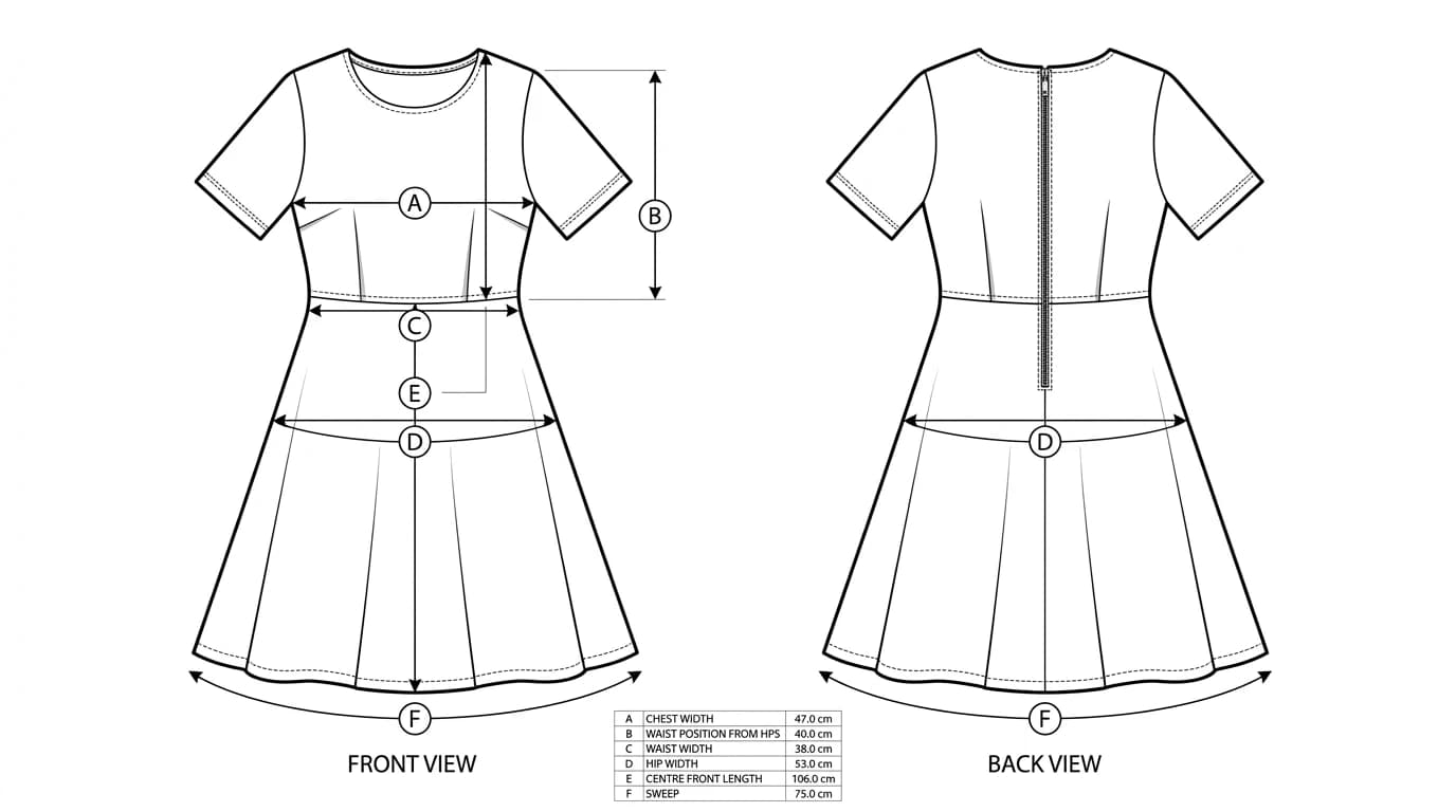 A technical flat of an A-line midi dress with points of measure lettered: chest width, waist position from high point shoulder, waist width, hip width, centre front length and sweep