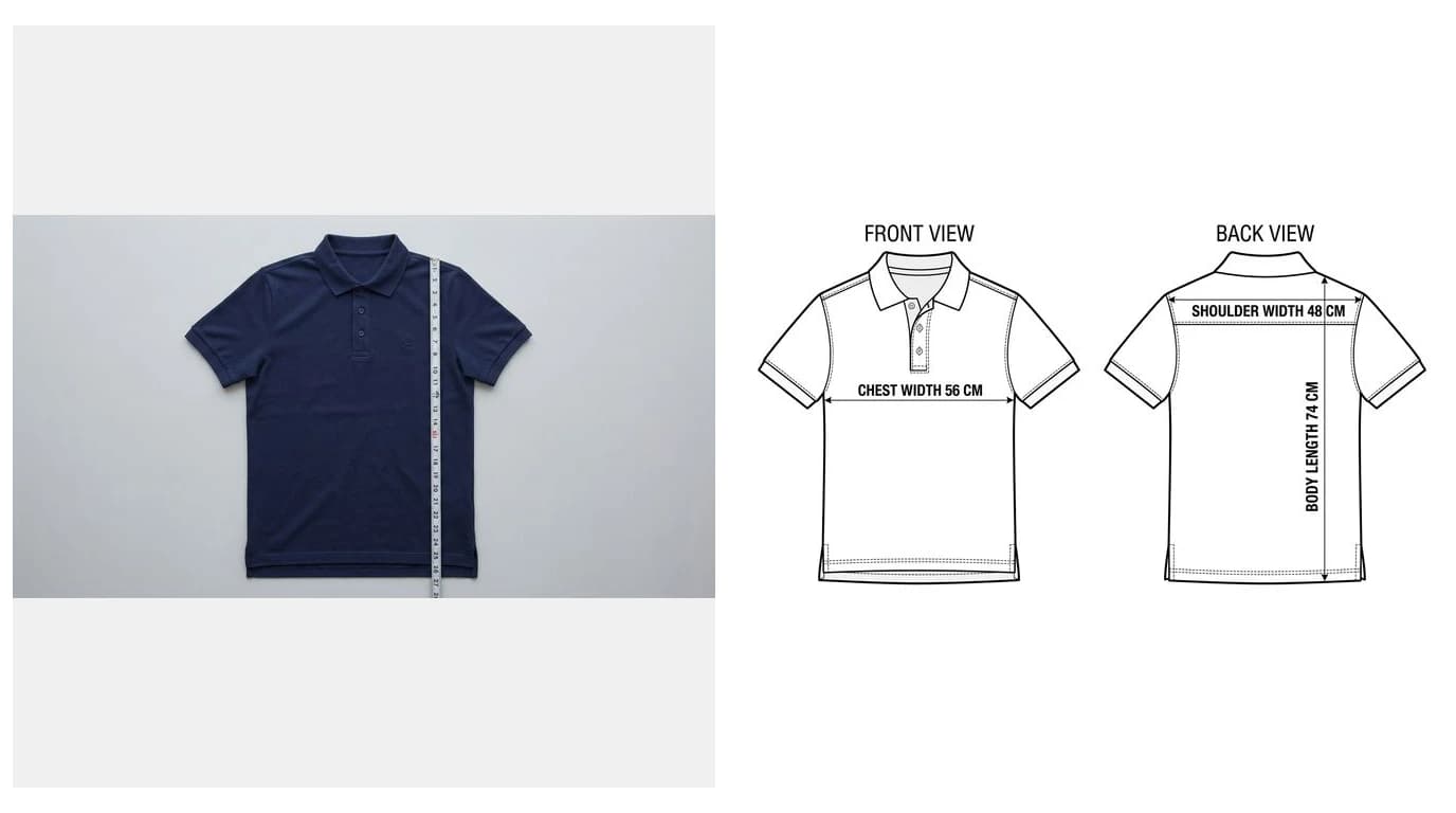 A photo of a piqué polo shirt laid flat with a tape measure beside it, next to the technical flat generated from it showing chest width, body length and shoulder width dimensioned