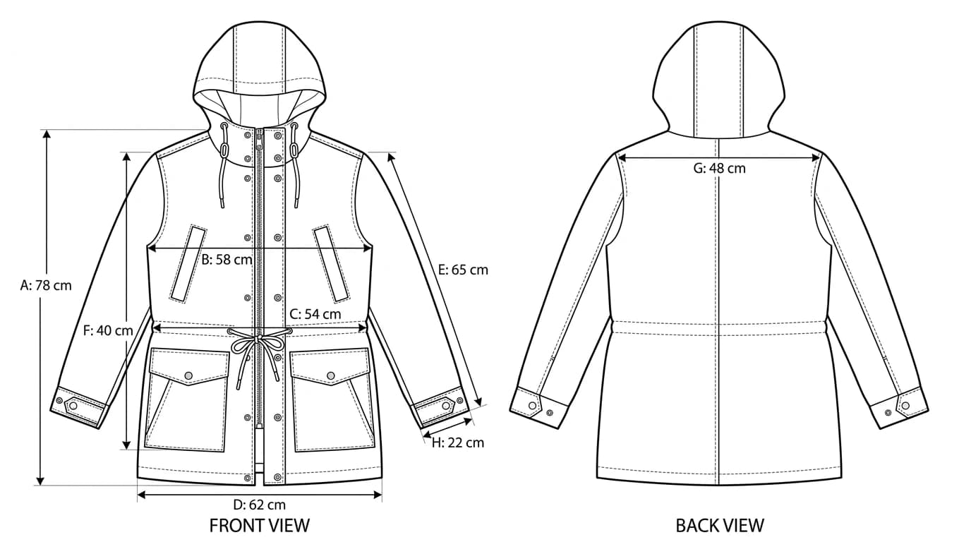 A technical flat of a hooded parka with points of measure lettered: centre front length, chest width, waist width, hem width, sleeve length and pocket placement from the high point of the shoulder