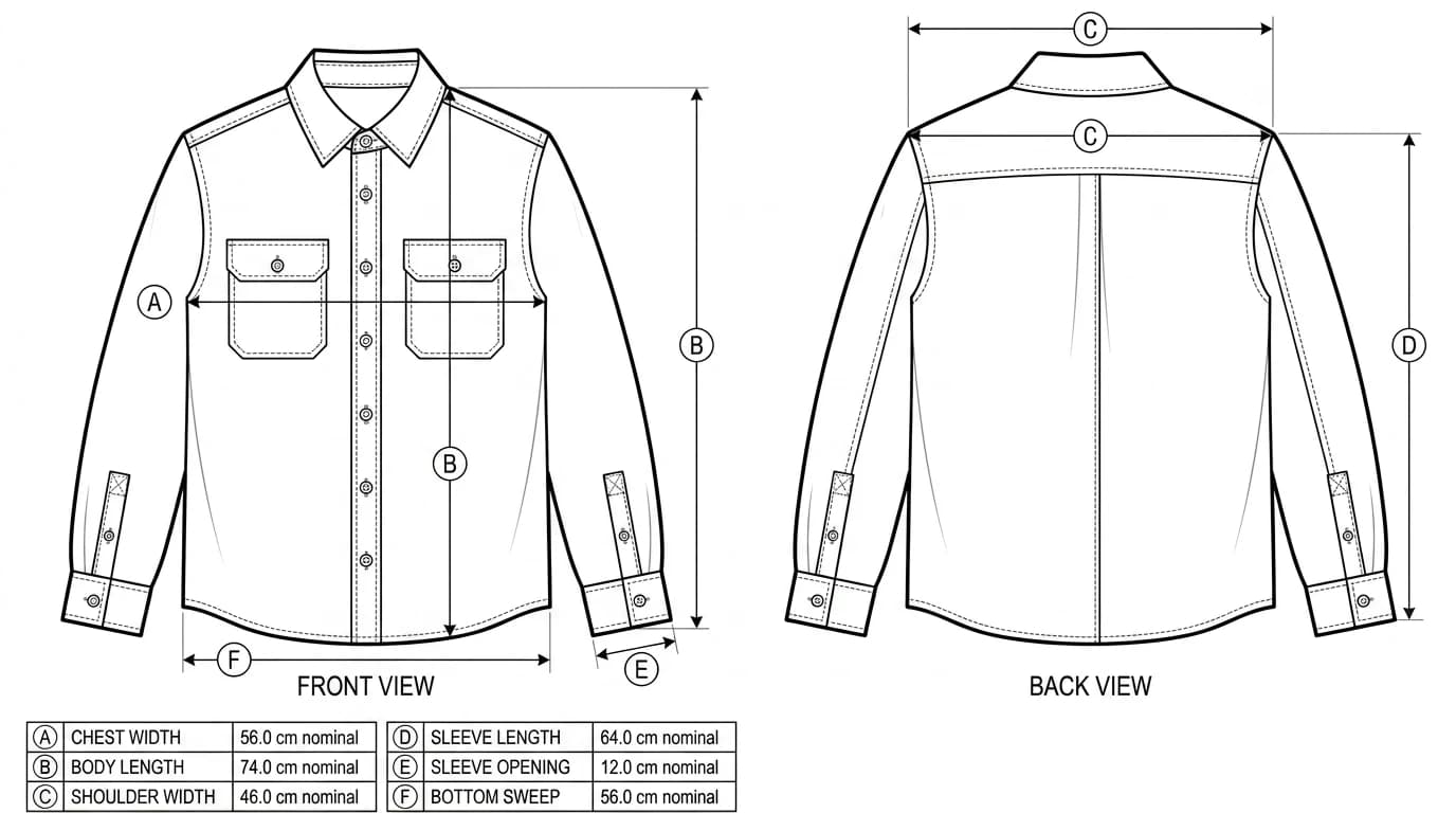 A technical flat of a flannel overshirt with points of measure lettered A to F: chest width, body length from high point shoulder, shoulder width, sleeve length, sleeve opening and bottom sweep
