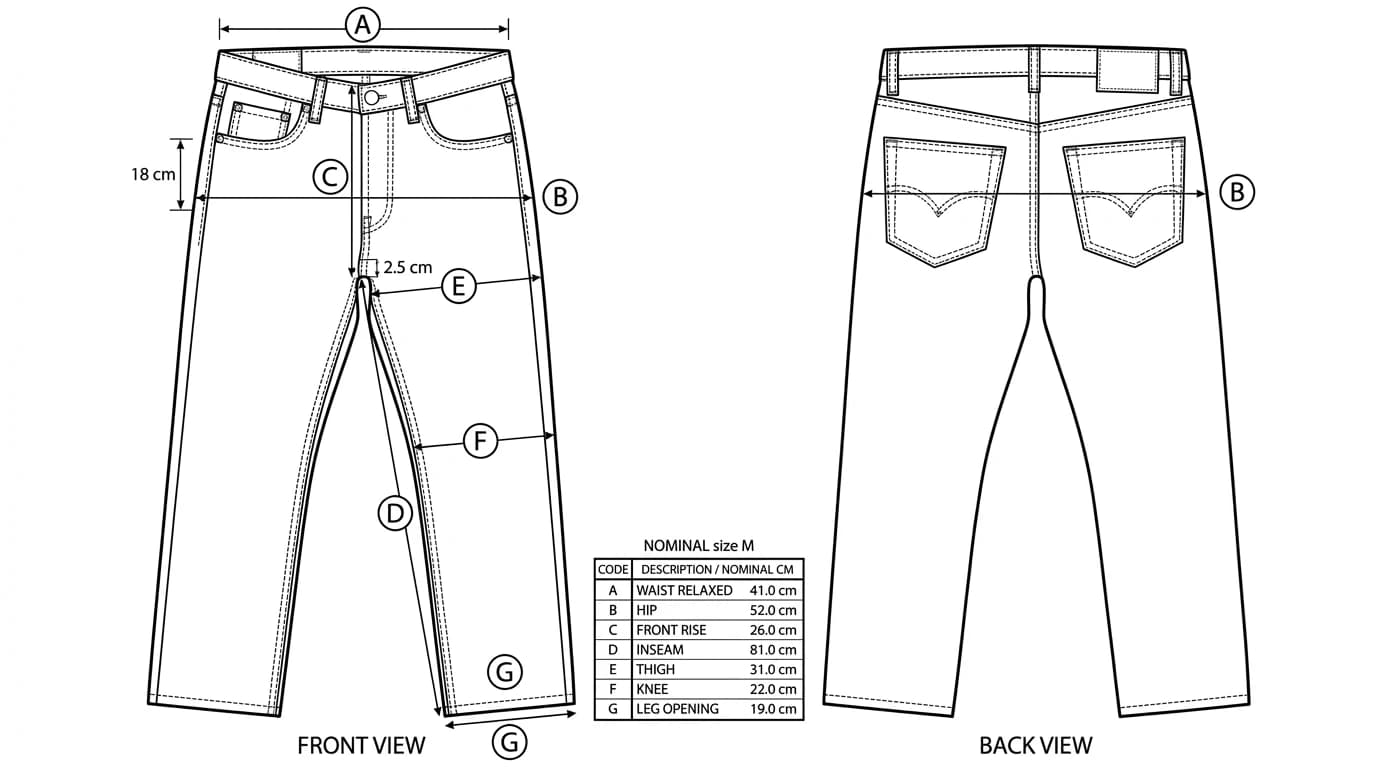 A technical flat of five pocket denim jeans with points of measure lettered: waist, hip, front rise, inseam, thigh, knee and leg opening