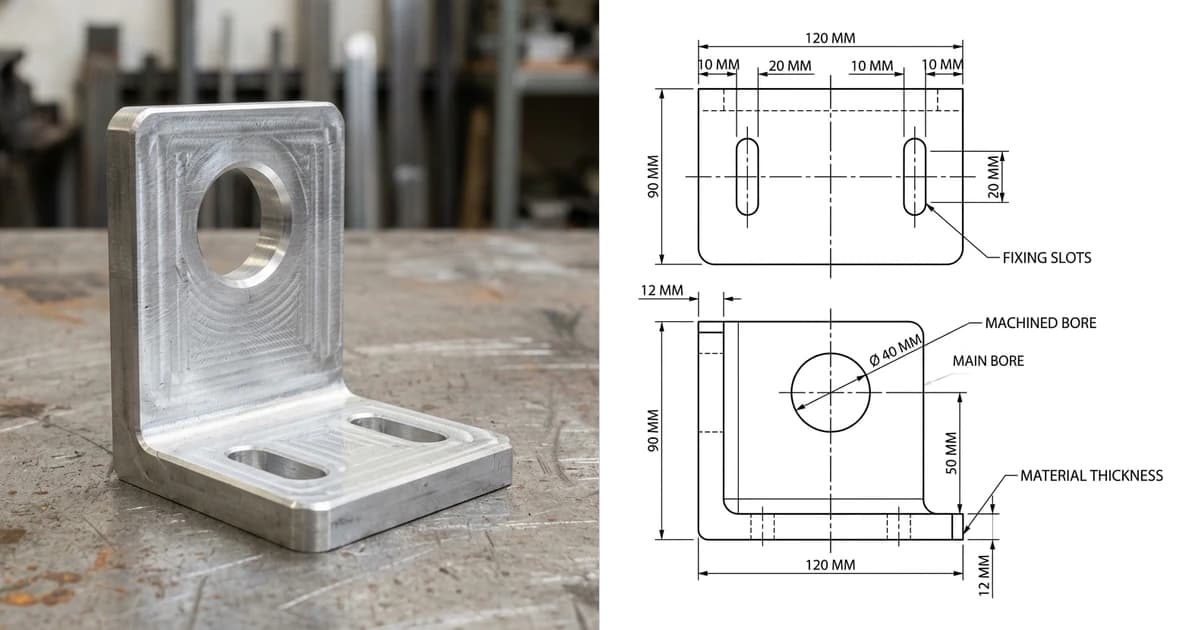 A photo of a machined aluminium L-shaped mounting bracket on a workbench on the left and the orthographic drawing produced from it on the right, showing two views with dimensions in millimetres