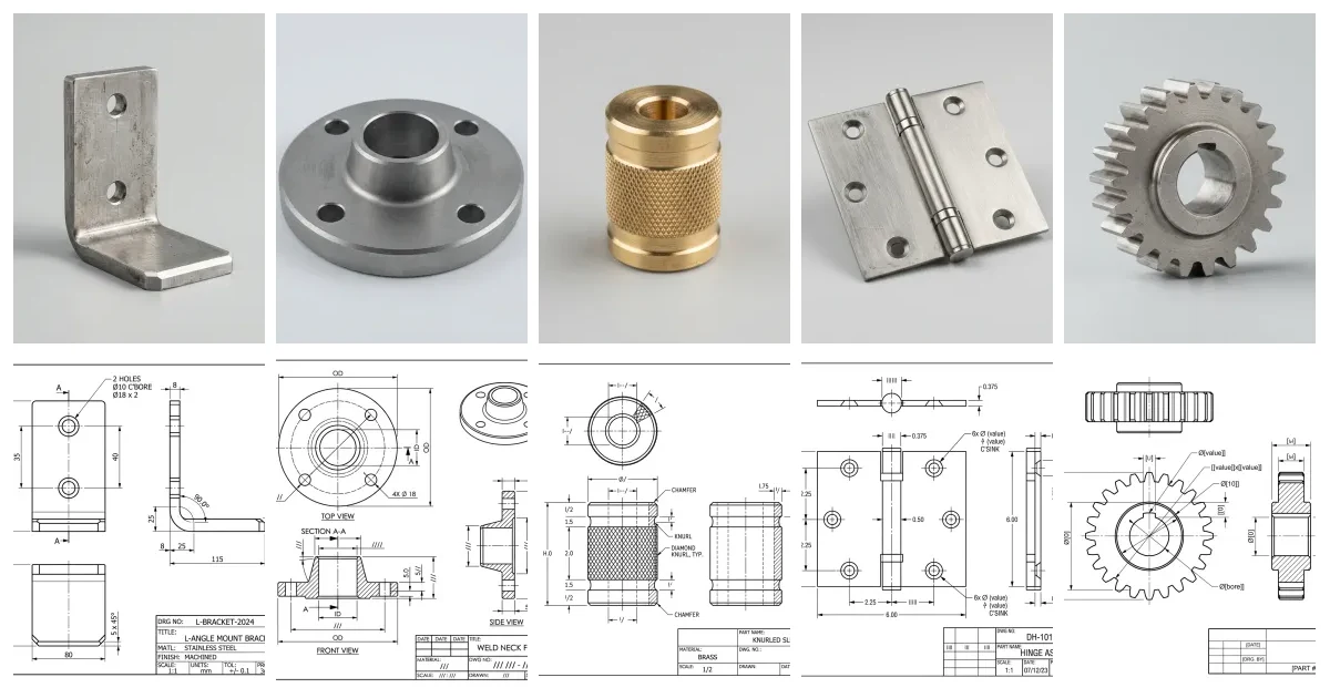A montage: a top row of five real product photos — an L-bracket, a flange, a knurled spacer, a hinge and a spur gear — above a bottom row of the matching 2D orthographic technical drawings generated from each photo