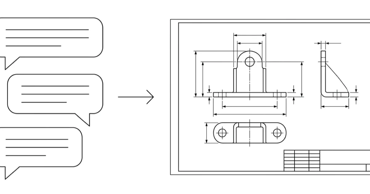A column of chat prompt bubbles on the left, an arrow, and a flat 2D orthographic technical drawing of a bracket with dimension lines and a title block on the right