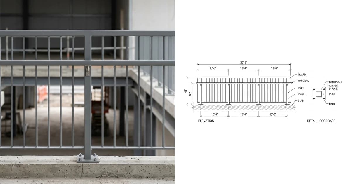 A photo of a steel guardrail with a separate lower handrail at a mezzanine edge on the left and the railing shop drawing generated from it on the right, showing the elevation with the guard height, the handrail height, a post spacing chain and a post base detail
