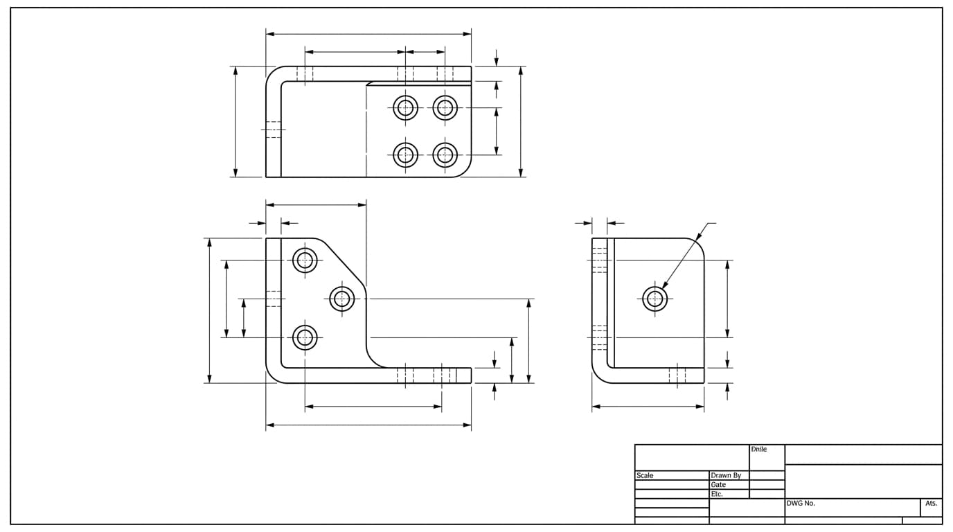 Black and white technical drawing of an L-bracket in three orthographic views with dimension lines and a title block