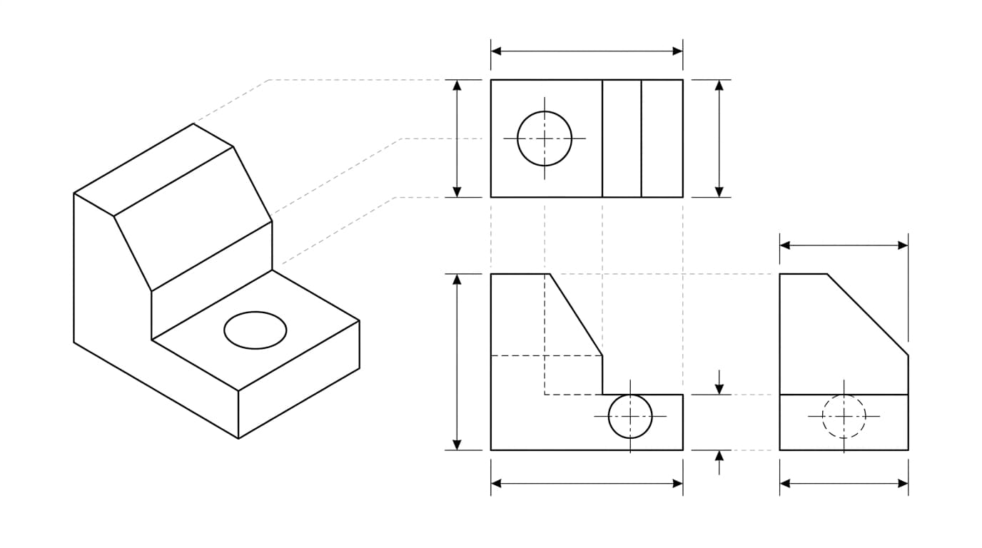 Diagram of orthographic projection: a 3D isometric block on the left projected into front, top and side views on the right