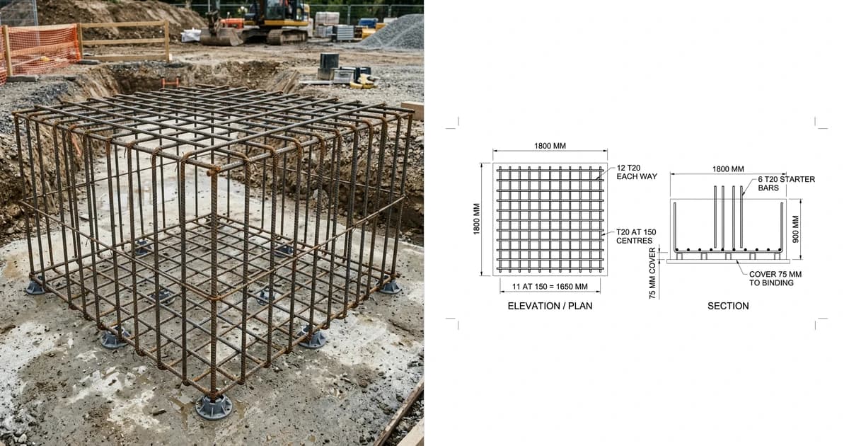 A photo of a steel reinforcement cage for a concrete pile cap sitting in an excavation on the left, and on the right the placing drawing produced from it showing a section and a plan with bar marks and spacings