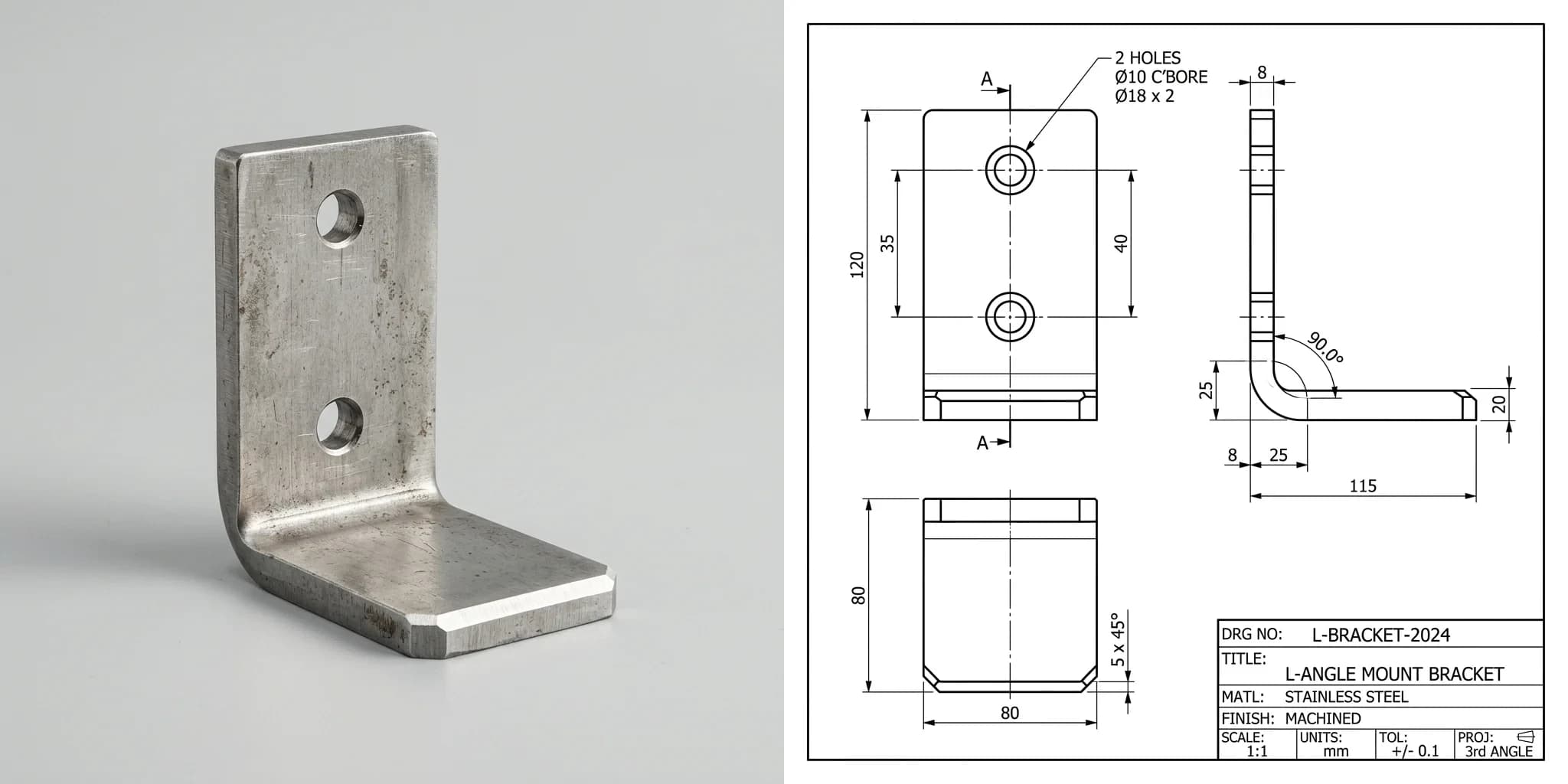 Reverse engineering a part: a photo of a metal L-bracket on the left, a dimensioned technical drawing generated from it on the right