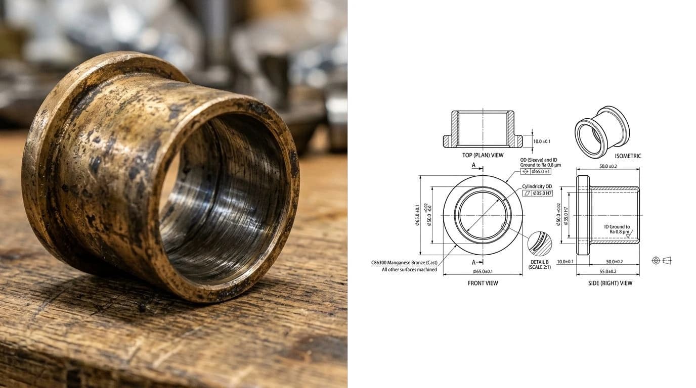 A photo of a worn bronze sleeve bushing on the left and its reconstructed CAD drawing on the right, with a dimensioned front view, a section showing the bore and flange, and diameter callouts
