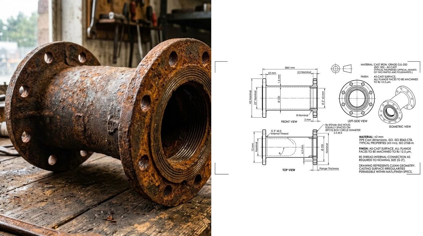 A photo of a rusty flanged cast-iron pipe section on the left and its reconstructed CAD drawing on the right, with dimensioned flange faces, bolt-hole circles, the bore and an isometric view