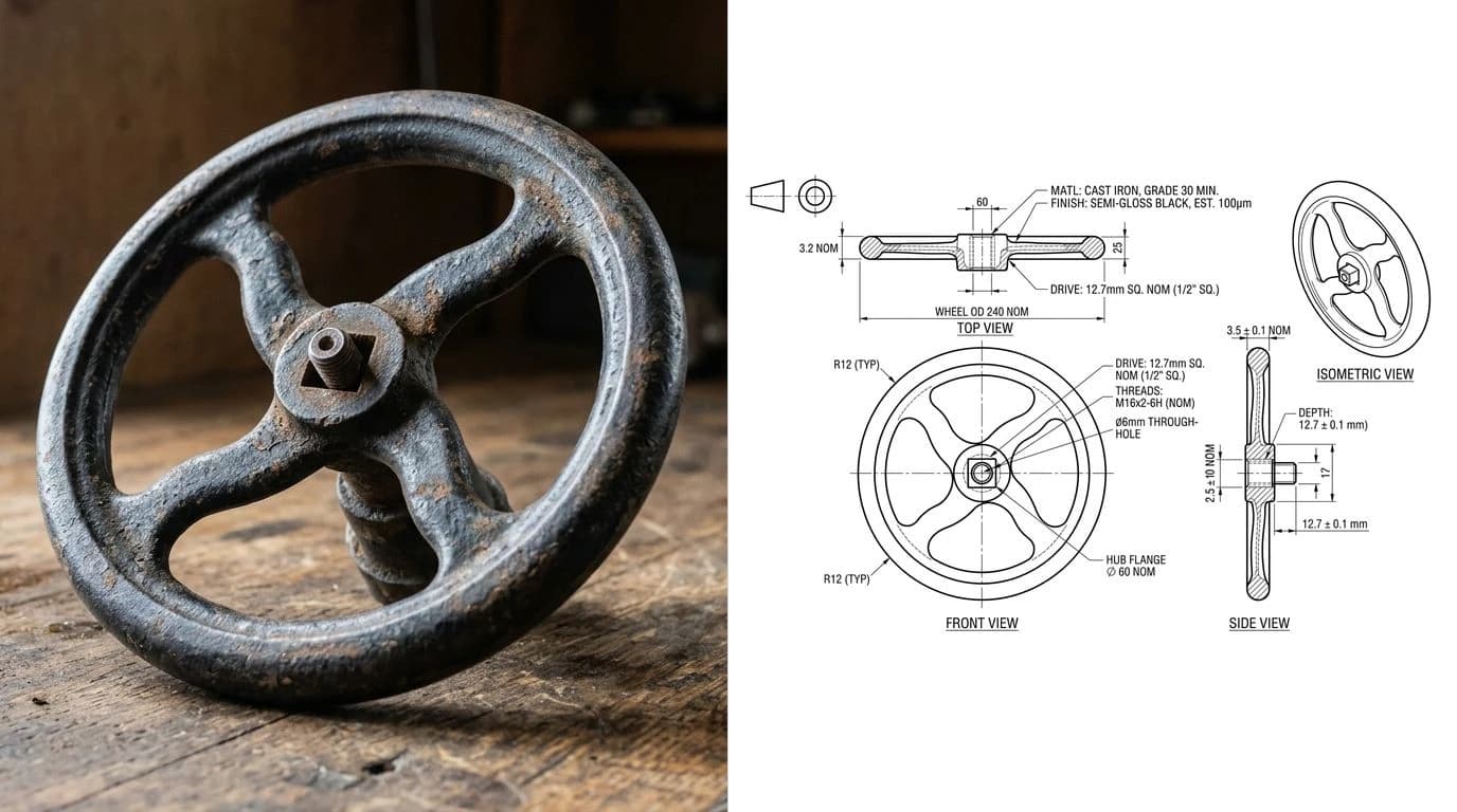A photo of an old cast-iron valve handwheel on the left and its reconstructed CAD drawing on the right, with a dimensioned front view showing the rim, spokes and square-broached hub, plus a side section