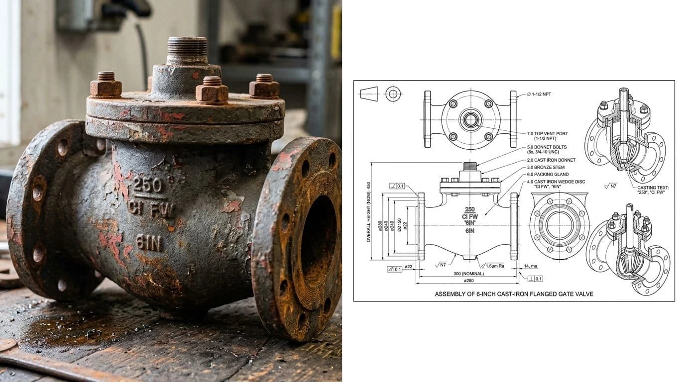 A photo of an old cast-iron gate valve body on the left and the same part rebuilt as a dimensioned CAD technical drawing on the right, with front and side views, flange bolt holes and diameter callouts