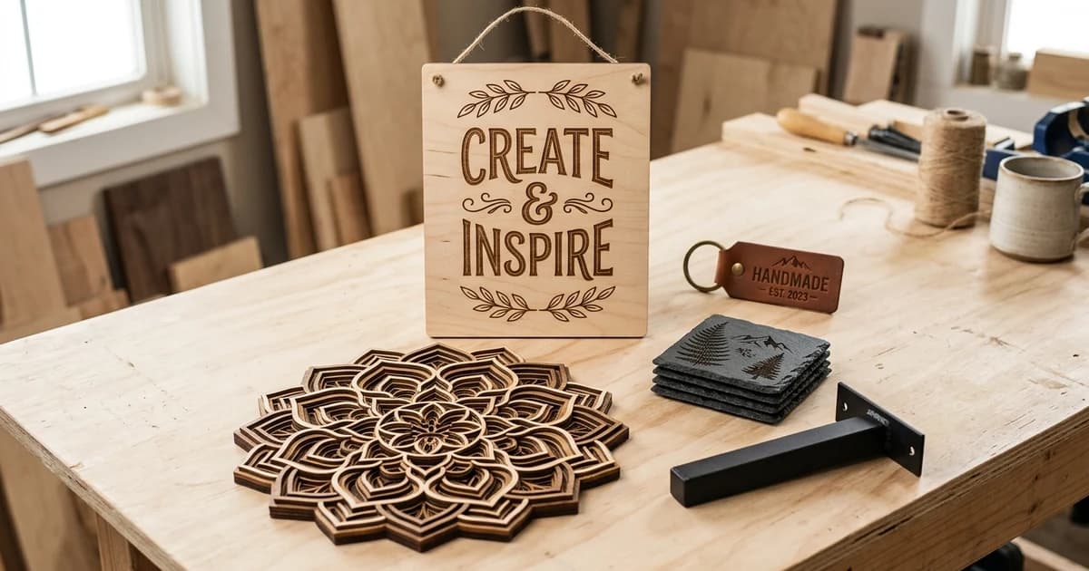A neat arrangement of finished laser-cut and CNC products, a plywood wall sign, a mandala ornament, slate coasters and a steel bracket, on a light wooden surface