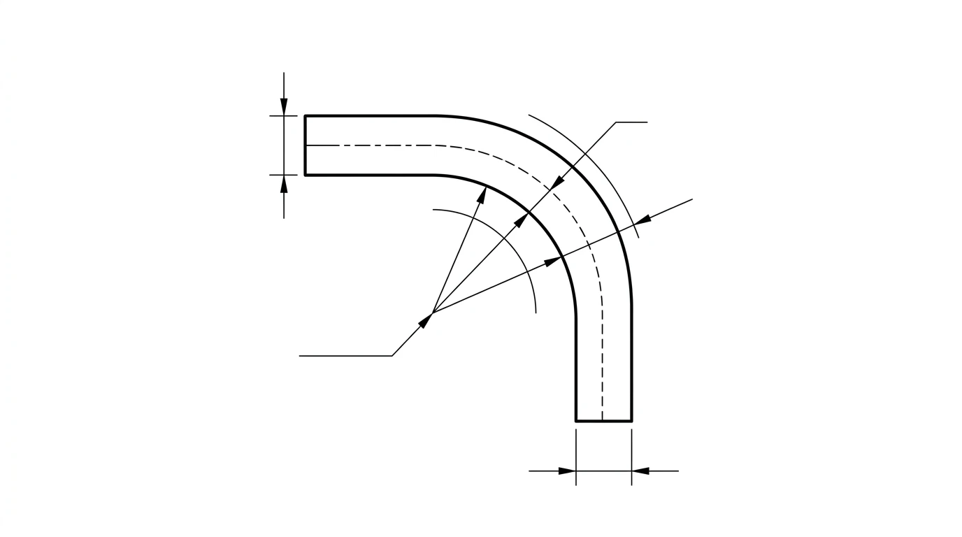 Cross-section of a single sheet metal bend showing the inside radius R, the material thickness T, and the neutral axis sitting a fraction K of the thickness from the inside face