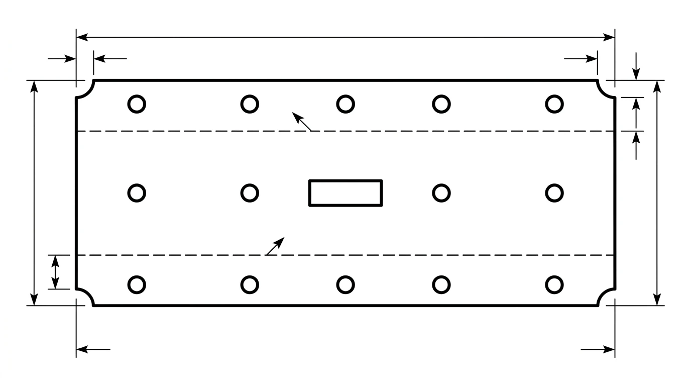 A sheet metal flat pattern: a closed outline blank with corner reliefs and a hole pattern, crossed by two dashed bend lines on a separate layer