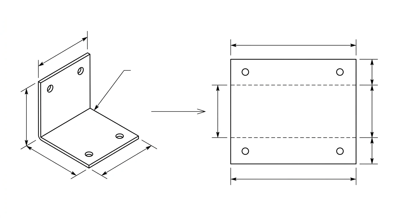 A formed sheet metal bracket on the left and its unfolded flat pattern with dashed bend lines on the right, the two views a sheet metal drawing has to carry