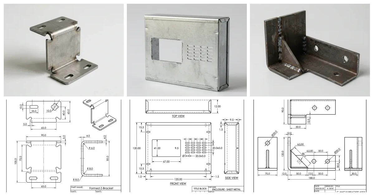 A top row of three fabricated sheet metal parts, a formed Z bracket, a folded enclosure and a welded frame corner, above a bottom row of the matching dimensioned 2D technical drawings