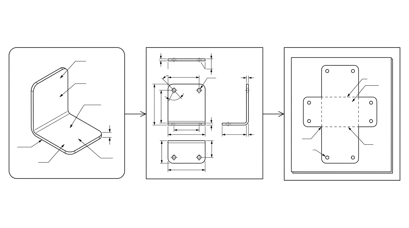 A three-step pipeline: a photo of a formed bracket, a dimensioned 2D drawing of it, and the flat pattern blank on a metal sheet ready to cut