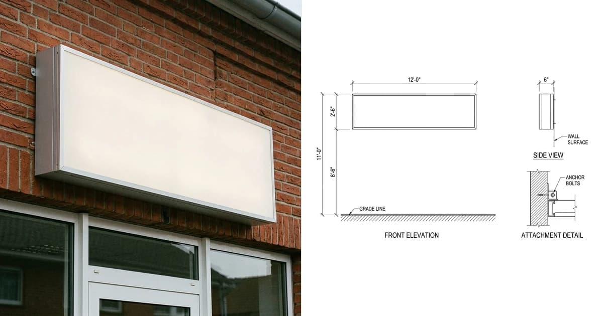 A photo of an illuminated aluminium cabinet sign mounted on a storefront fascia on the left and the sign shop drawing generated from it on the right, showing a front elevation with height above grade, a side view and an attachment detail