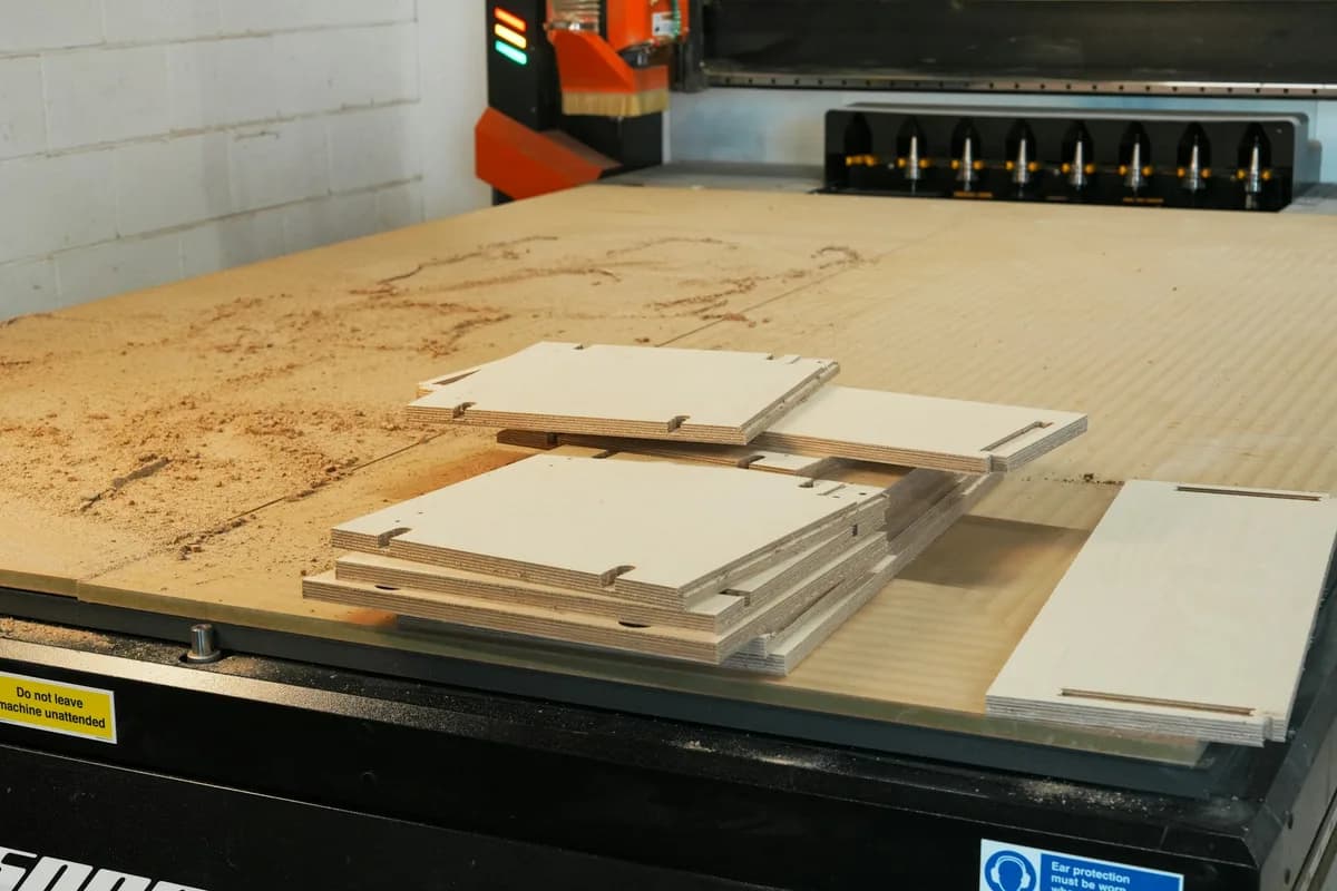 Cut wooden parts arranged on a CNC machine bed, the finished output after a DXF is turned into a toolpath and run