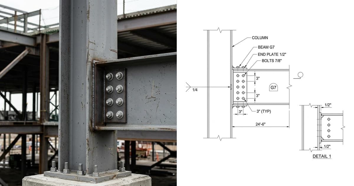 A photo of a bolted beam to column connection in a partially erected steel frame on the left and the structural steel shop drawing generated from it on the right, showing the beam elevation, an end detail and a piece mark