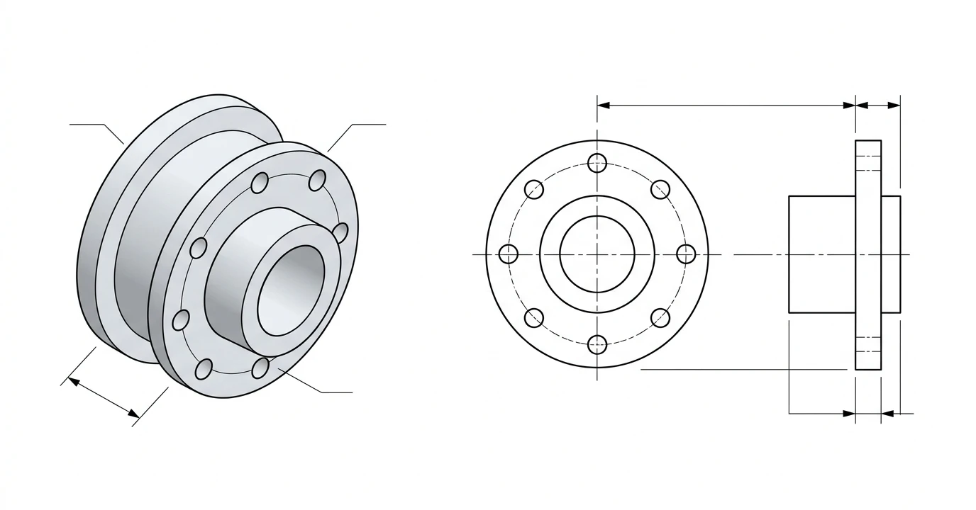 The same flanged hub shown as a shaded 3D solid model (STEP file, left) and as a flat 2D orthographic profile with a circular front view and a side section (DXF file, right)