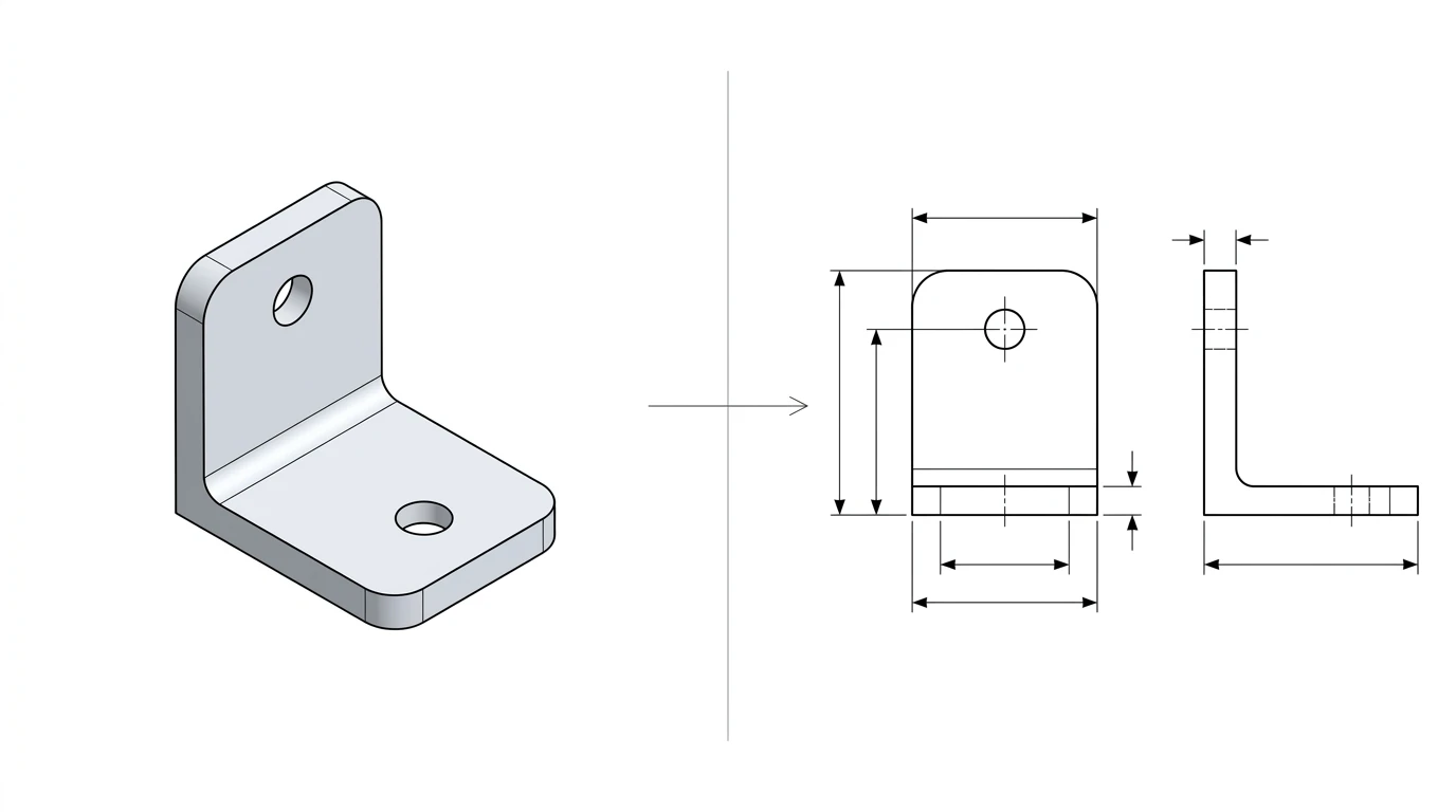 STEP vs DXF: the same bracket as a shaded 3D solid model (STEP) on the left and a flat 2D dimensioned technical drawing (DXF) on the right
