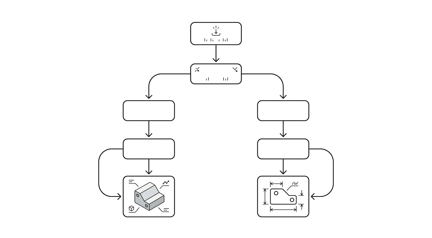 Decision chart: if the part is built in three dimensions choose STEP (a 3D solid), if it is cut flat choose DXF (a 2D profile)