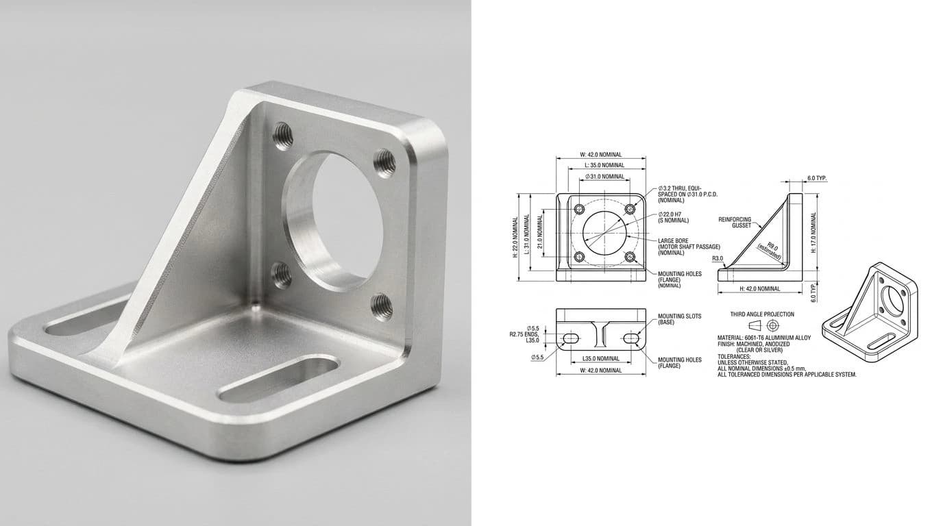A photo of a machined aluminium motor mount bracket on the left, and the dimensioned 2D technical drawing generated from it, ready to export as DXF, on the right