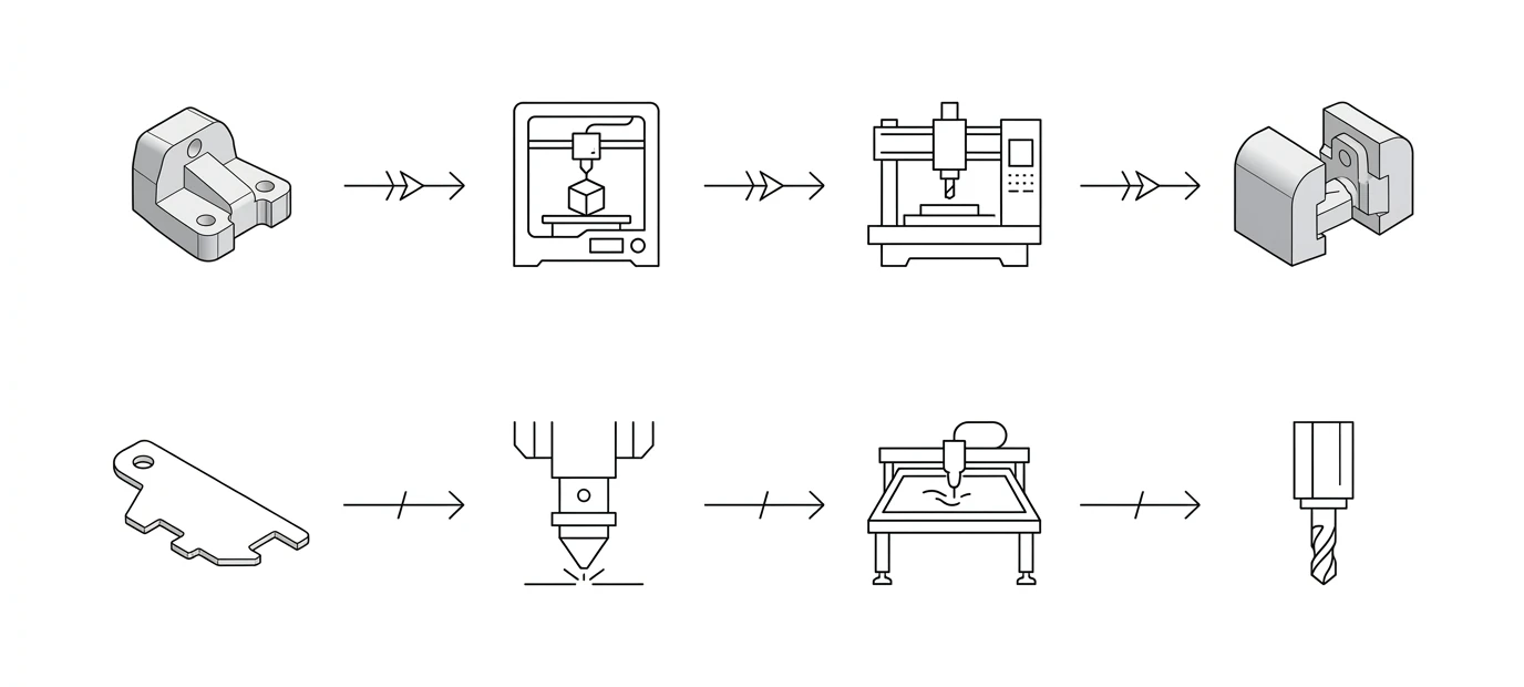 Two manufacturing lanes: a 3D STEP solid feeds a 3D printer, CNC mill and assembly; a 2D DXF profile feeds a laser cutter, waterjet table and CNC router
