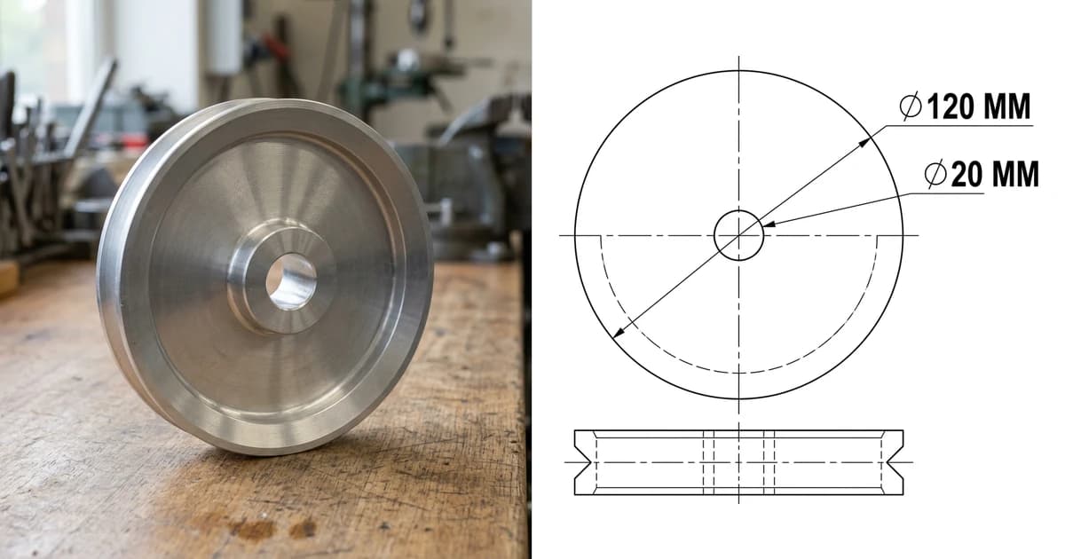 A photo of a machined aluminium V-belt pulley on a workbench on the left and the dimensioned two-view drawing generated from it on the right, the kind of exact geometry a STEP file stores