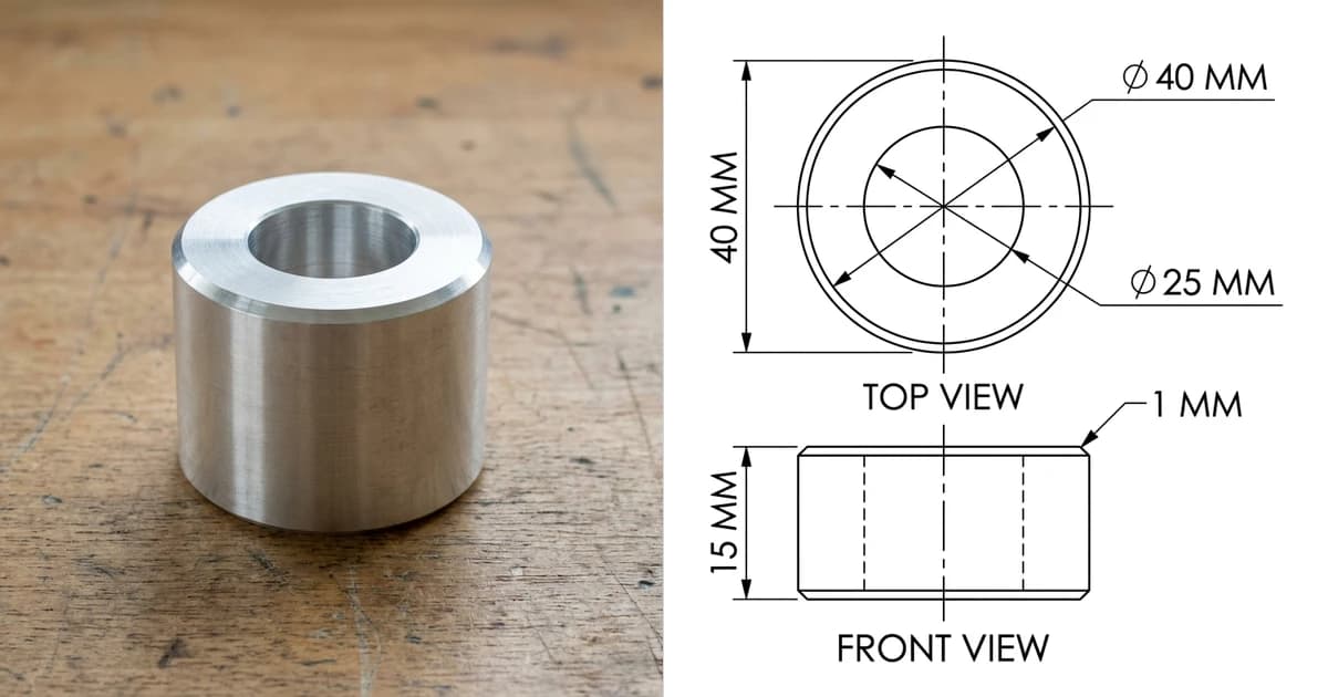 A photo of a machined aluminium spacer ring on a workbench on the left and the dimensioned two-view drawing generated from it on the right, showing the 40 mm outside diameter and 25 mm bore an STL can only approximate