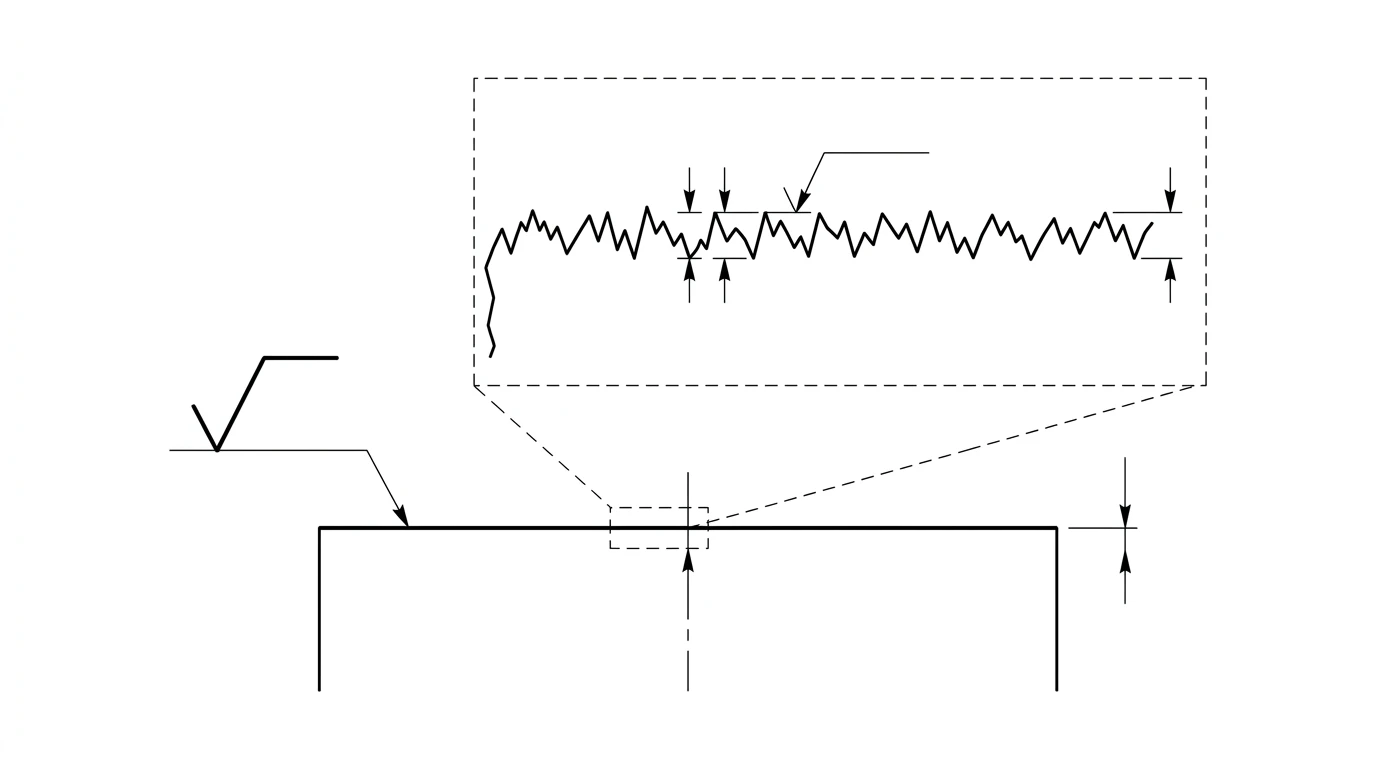Surface finish explained: a machined face that looks smooth is magnified to reveal a rough peaks-and-valleys profile, with a surface finish tick symbol on a leader line