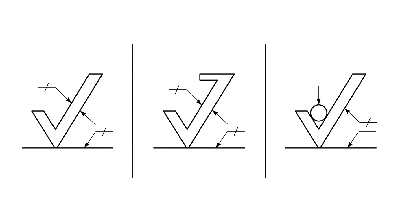 The three surface finish symbol variants side by side: the plain basic tick, the tick with a horizontal bar meaning machining required, and the tick with a small circle meaning machining prohibited