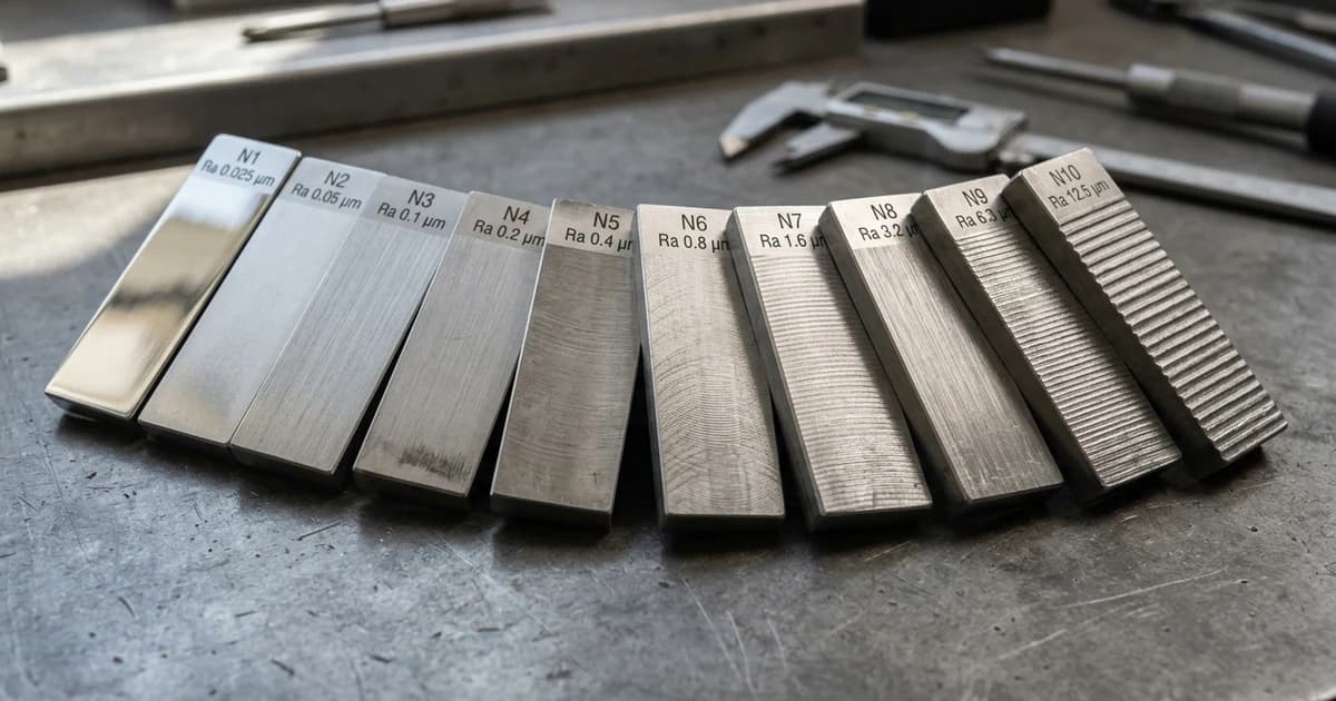 A machinist's surface finish comparator gauge, several small metal reference blocks fanned out, each with a different machined finish from mirror-polished to coarse