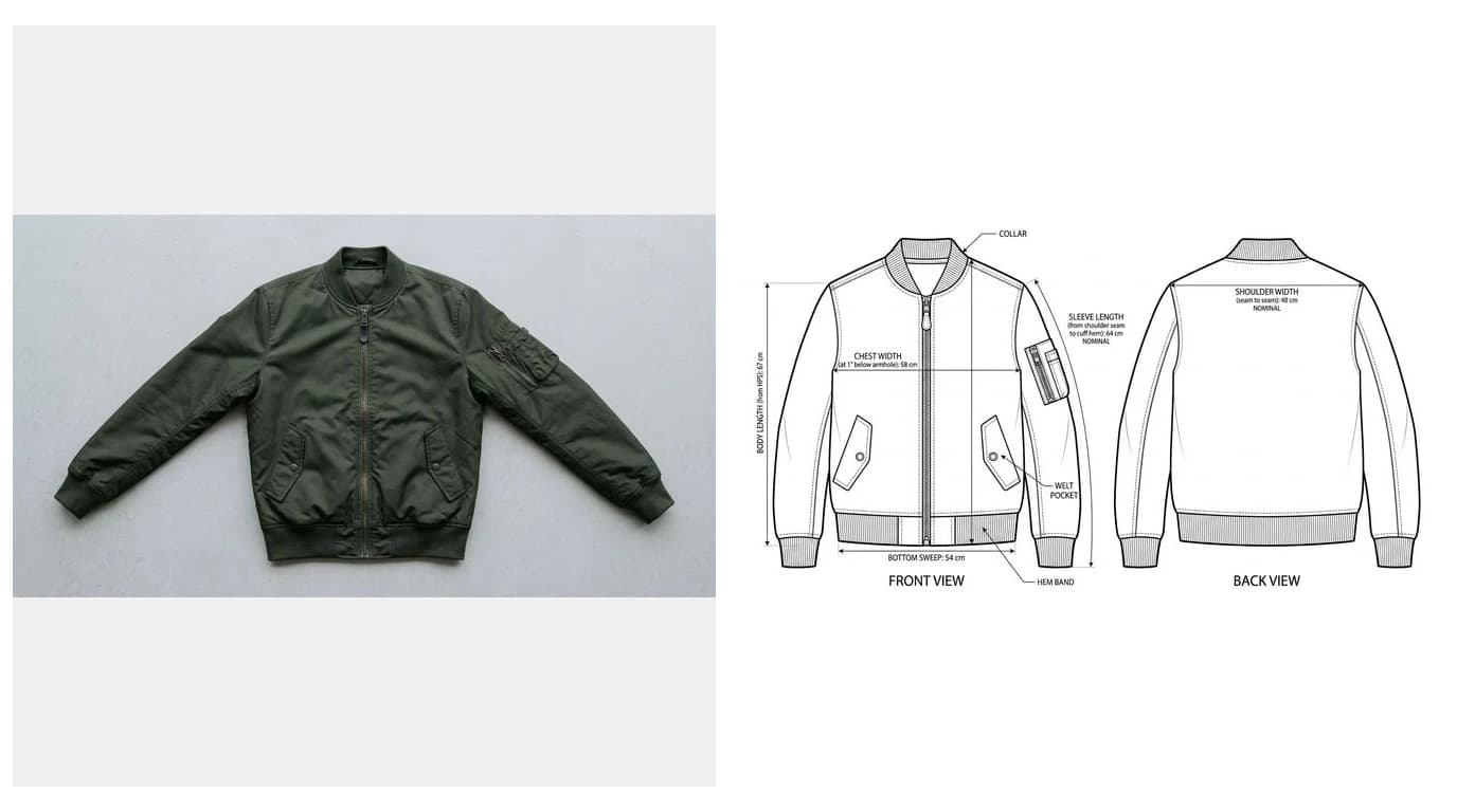 A tech pack flats page showing front and back technical flats of a bomber jacket side by side with callout leaders to the collar, pockets and hem band