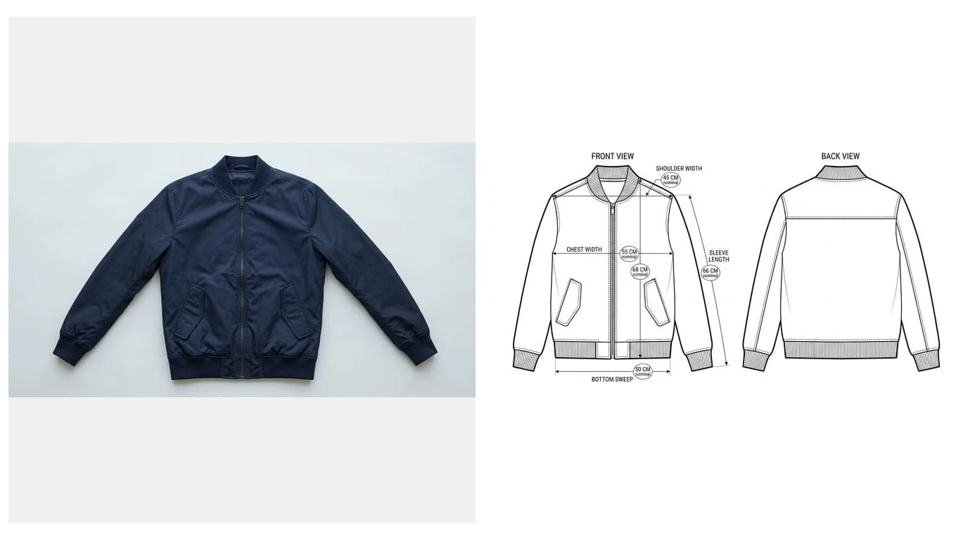 A photo of a bomber jacket laid flat beside the technical flat generated from it, with front and back views, measurement callouts and trim details