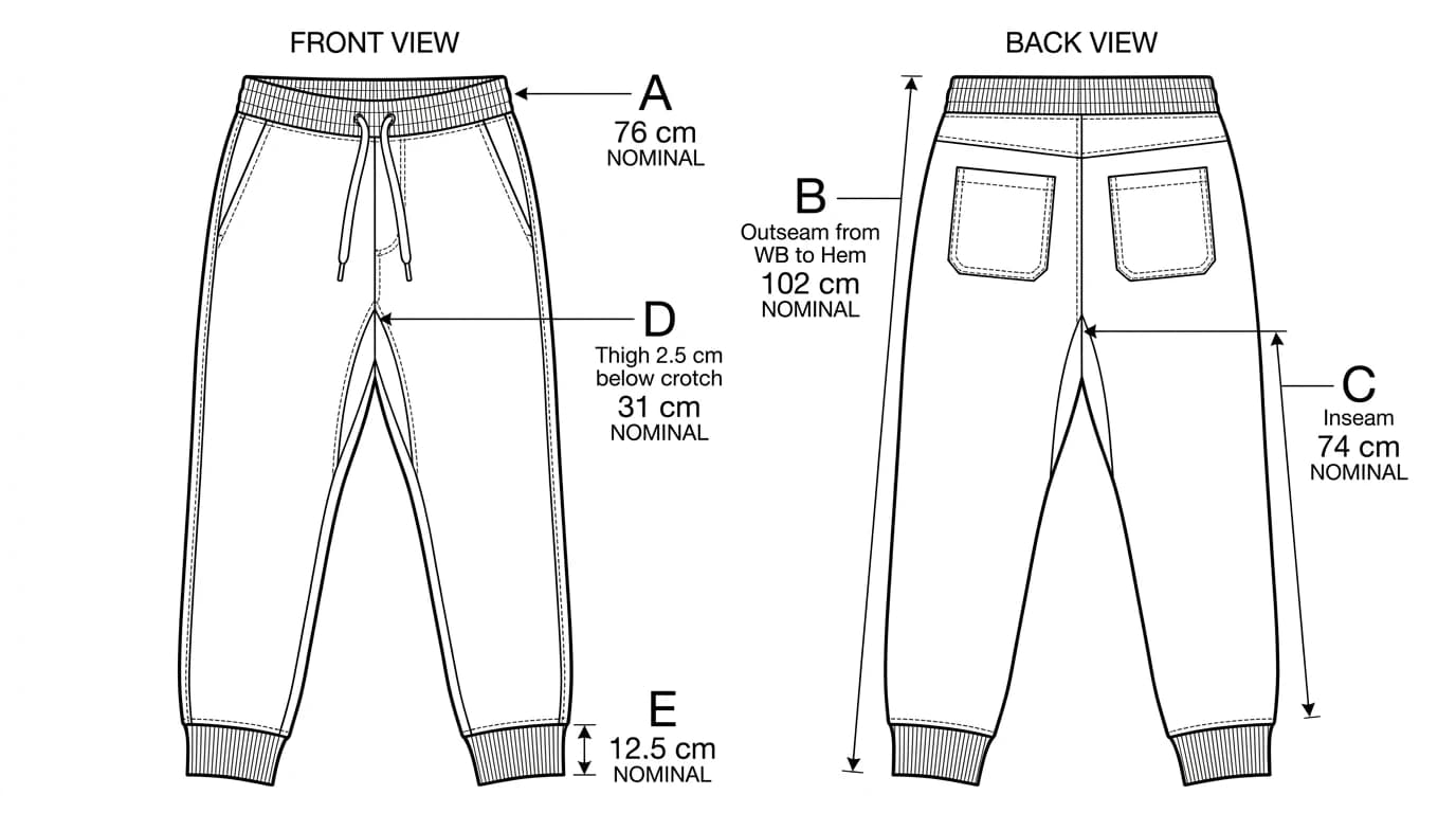 A technical flat of jogger sweatpants, front and back, with lettered points of measure marked by leader lines: waist, outseam, inseam, thigh and leg opening