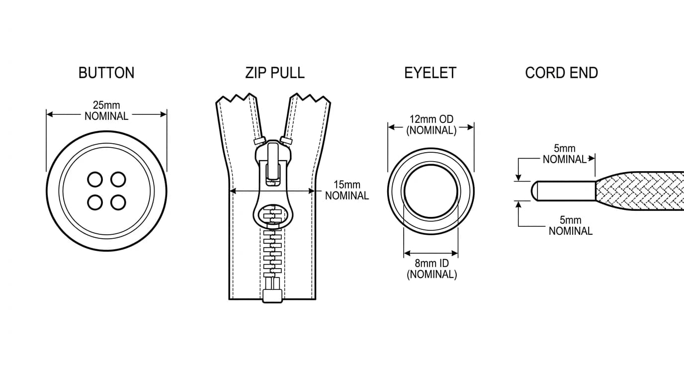 Enlarged trim detail views from a tech pack: a four-hole button with its diameter marked, a zip and pull, a metal eyelet with inner and outer diameters, and a tipped drawcord end