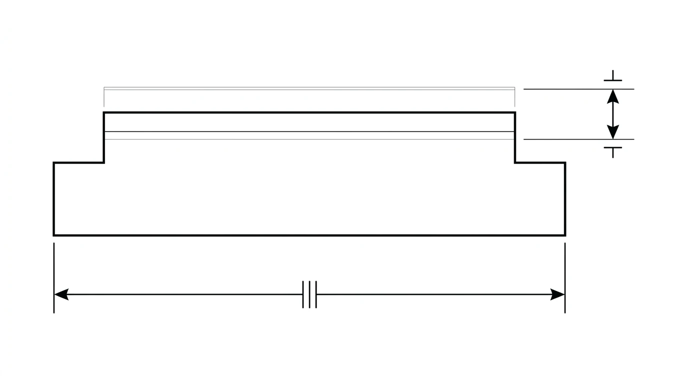 A machined feature drawn with two faint ghost lines above its top face marking the maximum and minimum allowed size, and a vertical double arrow showing the narrow tolerance zone between them
