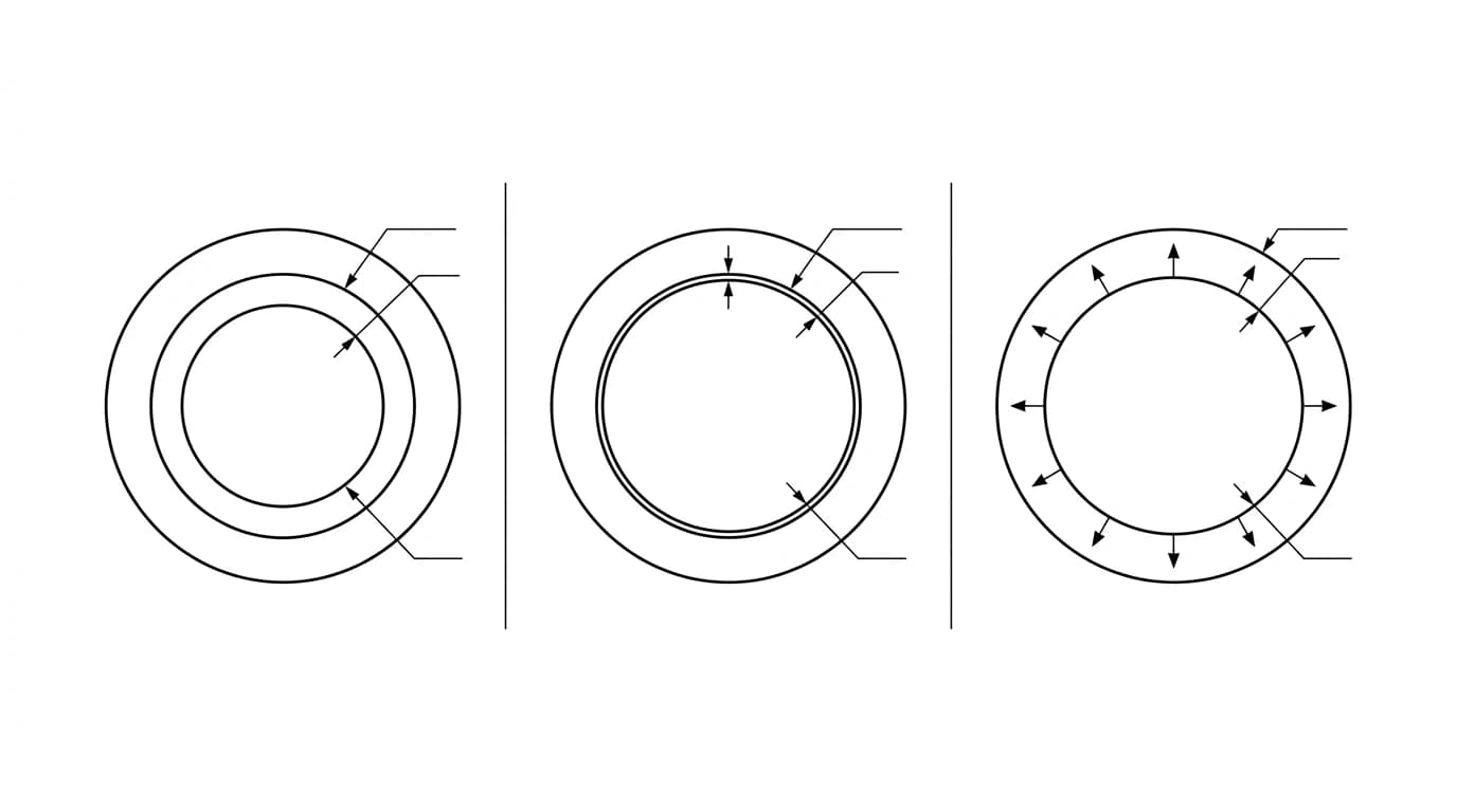 Three end-on cross sections of a shaft inside a hole: a clearance fit with an even gap all around, a transition fit just touching, and an interference fit where the shaft overlaps the hole with radial arrows showing it is forced in