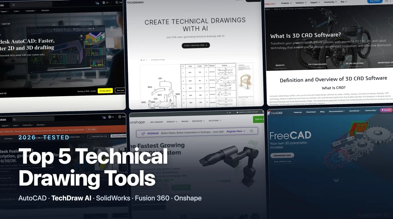 Collage of the top technical drawing software landing pages: AutoCAD, TechDraw AI, SolidWorks, Fusion 360, Onshape and FreeCAD