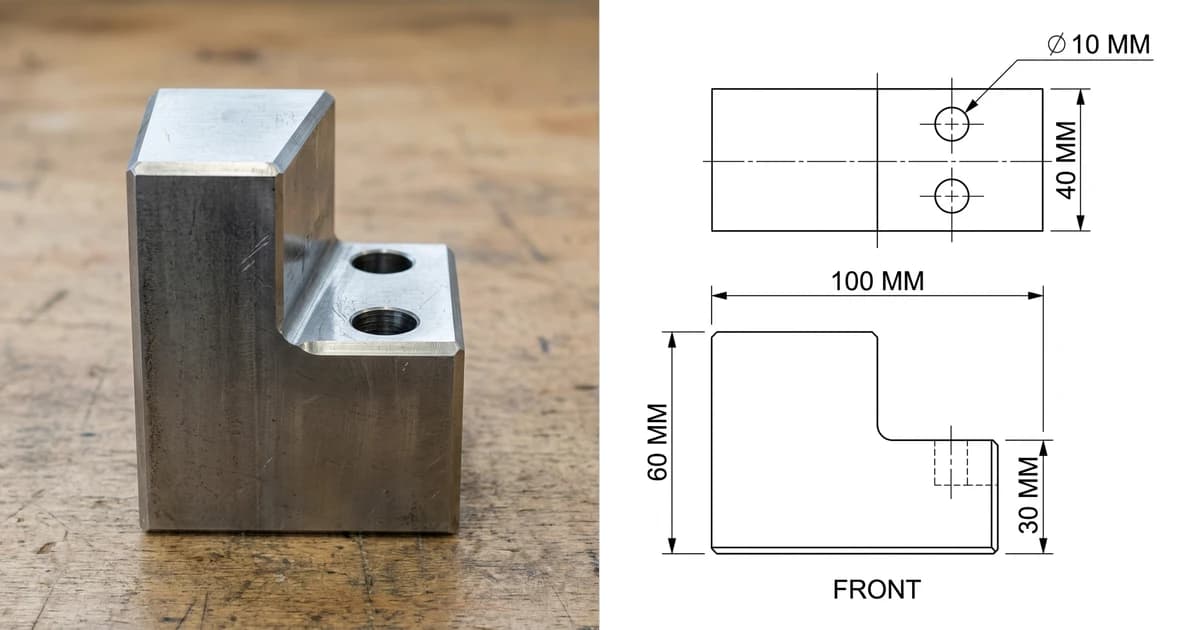 A photo of a machined steel stepped spacer block on a workbench on the left and, on the right, the dimensioned two-view drawing generated from it, 100 by 60 mm with a 30 mm step and two 10 mm holes, the kind of geometry a CAD file describes