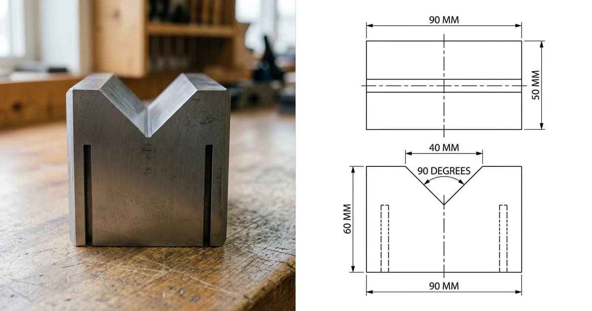A photo of a hardened steel machinist V-block on a workbench on the left and the dimensioned two-view drawing generated from it on the right, the kind of 2D geometry a DWG file stores